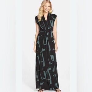 French Connection knit maxy dress tie back black abstract brushstrokes 8 M